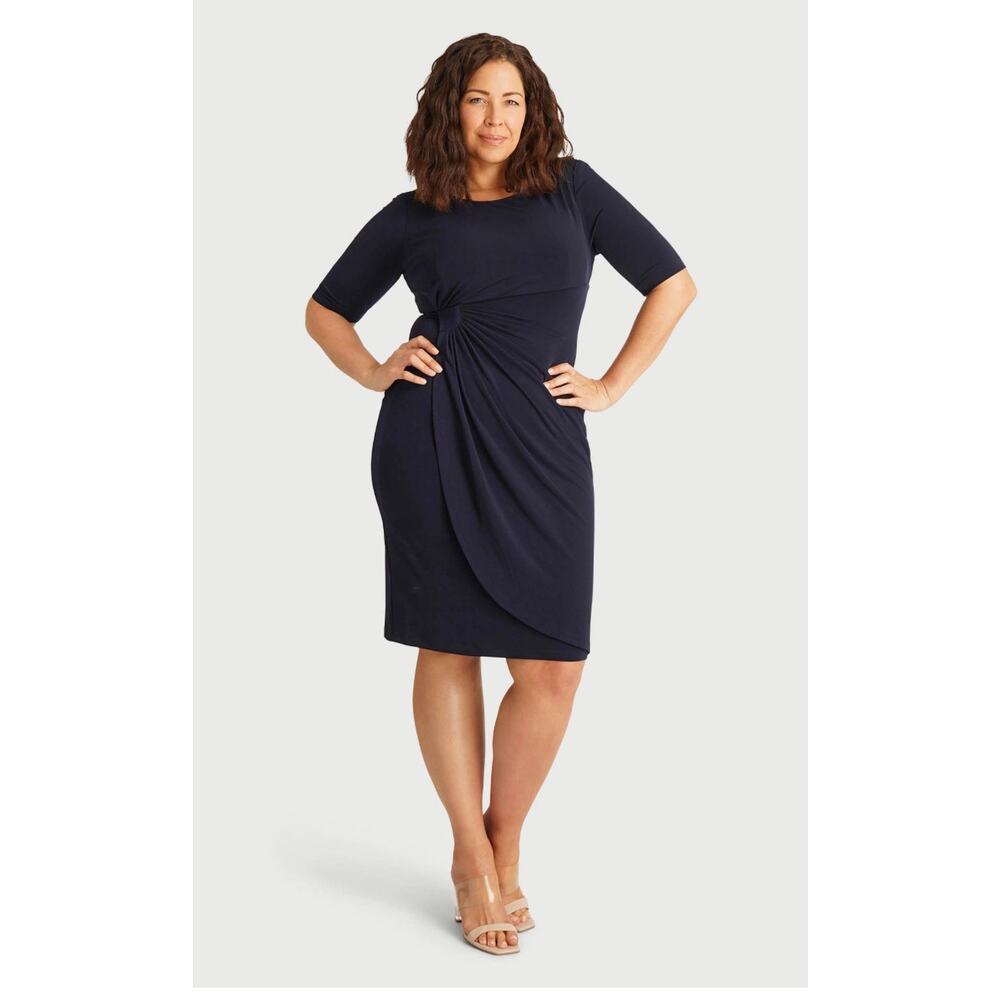 Connected Apparel Lisa Navy Faux Wrap Dress Size 10